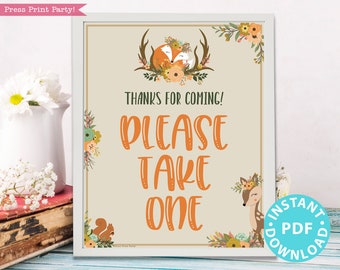 Woodland Theme Please Take One Sign Printable, Woodland Baby Shower sign, Favors Sign, Game Template, Frame or Fold, INSTANT DOWNLOAD