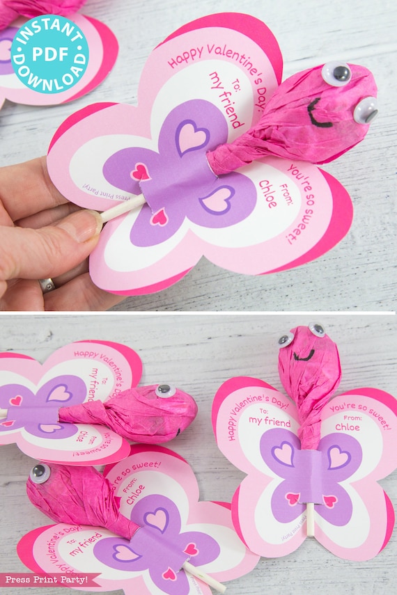 Butterfly Lollipop Kids Valentine Card Printable Holder, Gift Tag For Friend, Classmate at School, for Teacher, Editable INSTANT DOWNLOAD Il_570xn
