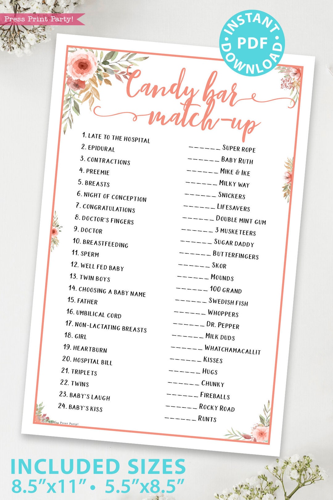 Candy Bar Matchup Baby Shower Game Printable, Peach Flower Baby Shower