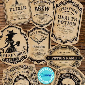 Fully editable apothecary labels for custom potion labels,vintage herb labels ingredient labels tincture labels, kitchen labels for containers, Halloween printable stickers witch. Harry Potter. Wizard party, Halloween party decor. Press Print Party!