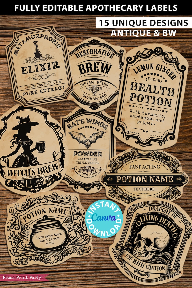 Fully editable apothecary labels for custom potion labels,vintage herb labels ingredient labels tincture labels, kitchen labels for containers, Halloween printable stickers witch. Harry Potter. Wizard party, Halloween party decor. Press Print Party!