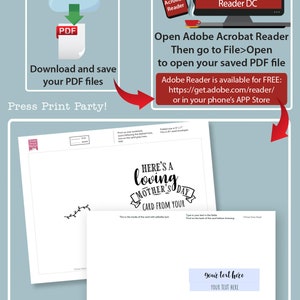 May include: Editable printable PDF files for a Mother's Day card. The card features the text "Here's a loving Mother's Day card from your" and a floral design. The text "your text here" is included on the back of the card.