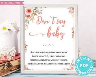 Don't Say Baby Sign Printable, Baby Shower Game Template, Funny Baby Shower Activities, Peach Flowers, Frame or Fold, Girl, INSTANT DOWNLOAD