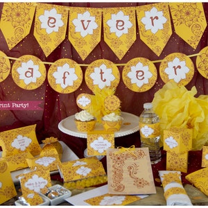 May include: A set of printable party decorations in yellow and brown with a henna design. The decorations include a banner that says "ever after", cupcake toppers, favour boxes, and a water bottle label. The text "Press Print Party!" is also included.