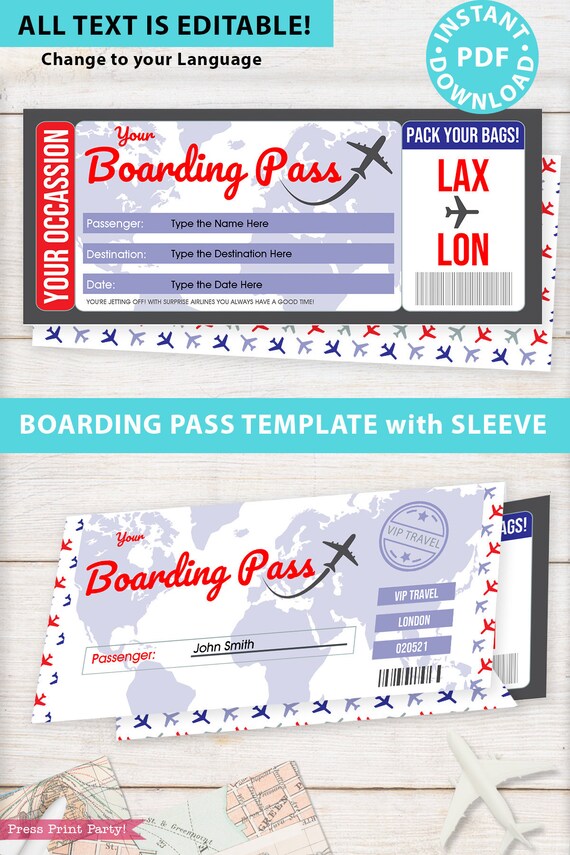Boarding Pass Template w. Holder Editable Text Printable, Vacation Surprise  Trip Gift Voucher Airline Ticket, Red Blue, INSTANT DOWNLOAD by Press Print  Party! | Catch My Party