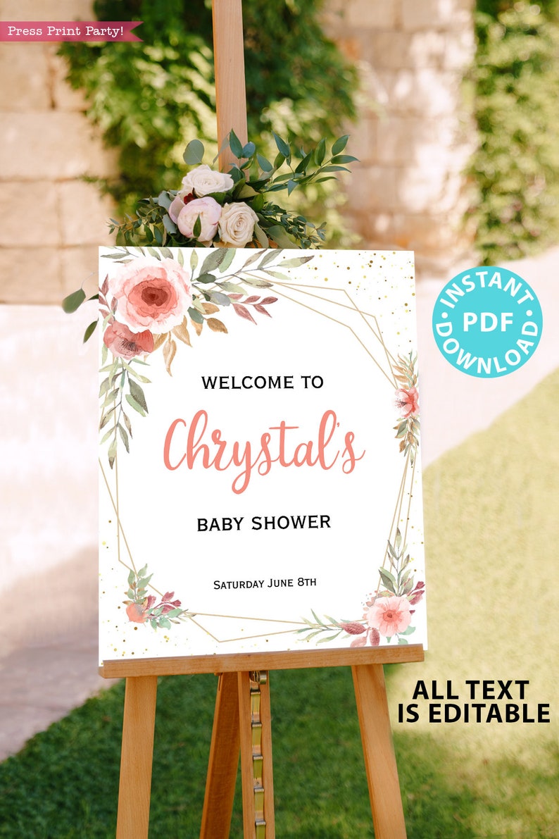 Baby Shower Printable Decoration Kit, Girl Baby Shower Template Bundle, Blush Peach Floral Baby girl decor, Oh Baby, INSTANT DOWNLOAD image 3