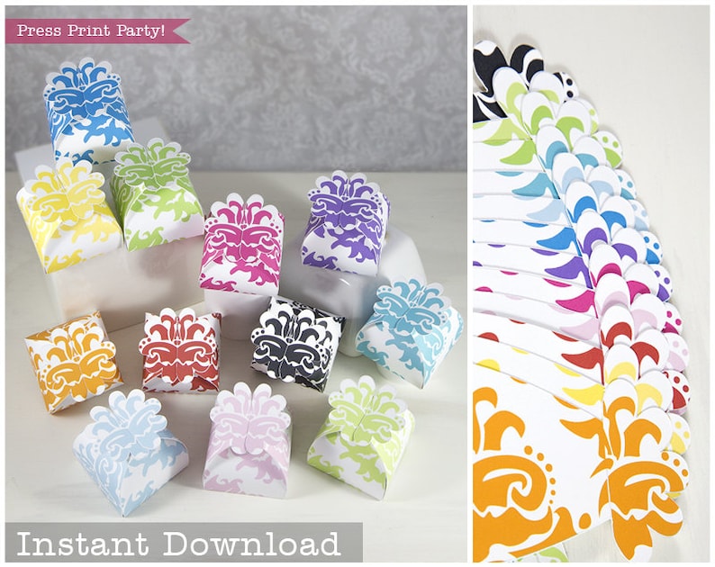 Party Supply INSTANT DOWNLOAD Bridal Shower Favor Flower Treat Box Printable Wedding Favor Box Gift Box Flower Favor Box Orange Damask