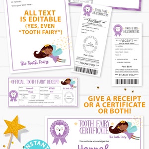 EDITABLE Tooth Fairy Letter Printable Kit & Receipts Purple w. Black Fairy, Certificate, Teeth Chart, Lost Tooth Envelope, INSTANT DOWNLOAD image 2