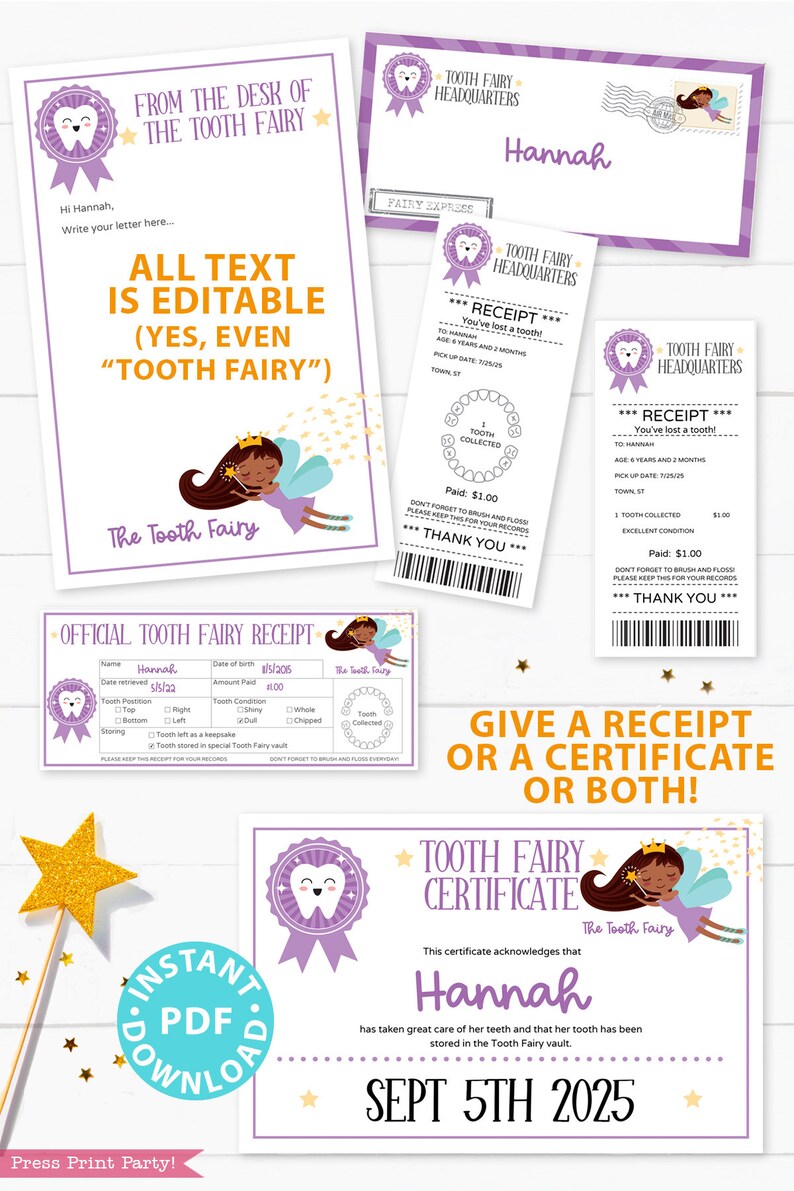 EDITABLE Tooth Fairy Letter Printable Kit & Receipts Purple w. Black Fairy, Certificate, Teeth Chart, Lost Tooth Envelope, INSTANT DOWNLOAD image 2