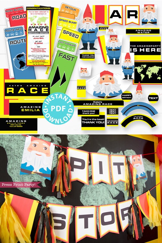 The Amazing Race Party Printable Invitation, Cards, and Decorations. Editable Clue Cards, Gnome, Map, Route Marker, INSTANT DOWNLOAD Il_570xn