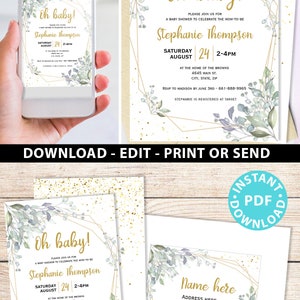 Baby Shower Printable Decoration Kit, Girl Baby Shower Template Bundle, Greenery Baby girl decor, Oh Baby Invitation, INSTANT DOWNLOAD image 2