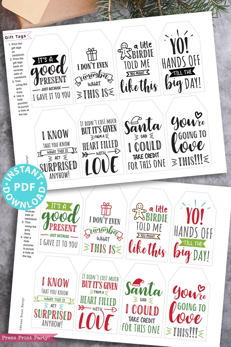 funny Christmas tags, holiday gift tags, 80 sayings black white and red and green color designs. Hilarious messages  Christmas gifts Gift for her, gift for him, gift for coworkers, gift for kids Gift wrapping white elephant Press Print Party!