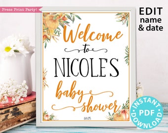 Little Pumpkin Baby Shower Welcome Sign Printable, With Editable Name, Custom Name Template, Fall Rustic, Frame, INSTANT DOWNLOAD