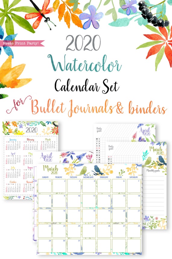 2020 Calendar Template Printable Set, Watercolor, Bullet Journal Printable, Binder, Monthly Planner, Daily Routine, Supply, INSTANT DOWNLOAD Il_570xn