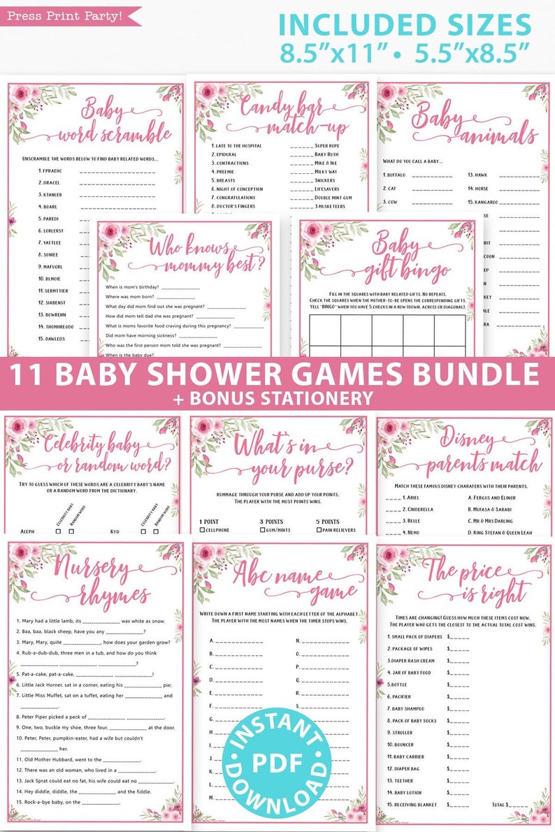 Baby Shower Games Bundle Printable, Pink Flowers, Games Pack, Unique Baby Shower Games, Funny Activities, Baby Girl, Bingo, INSTANT DOWNLOAD image 1