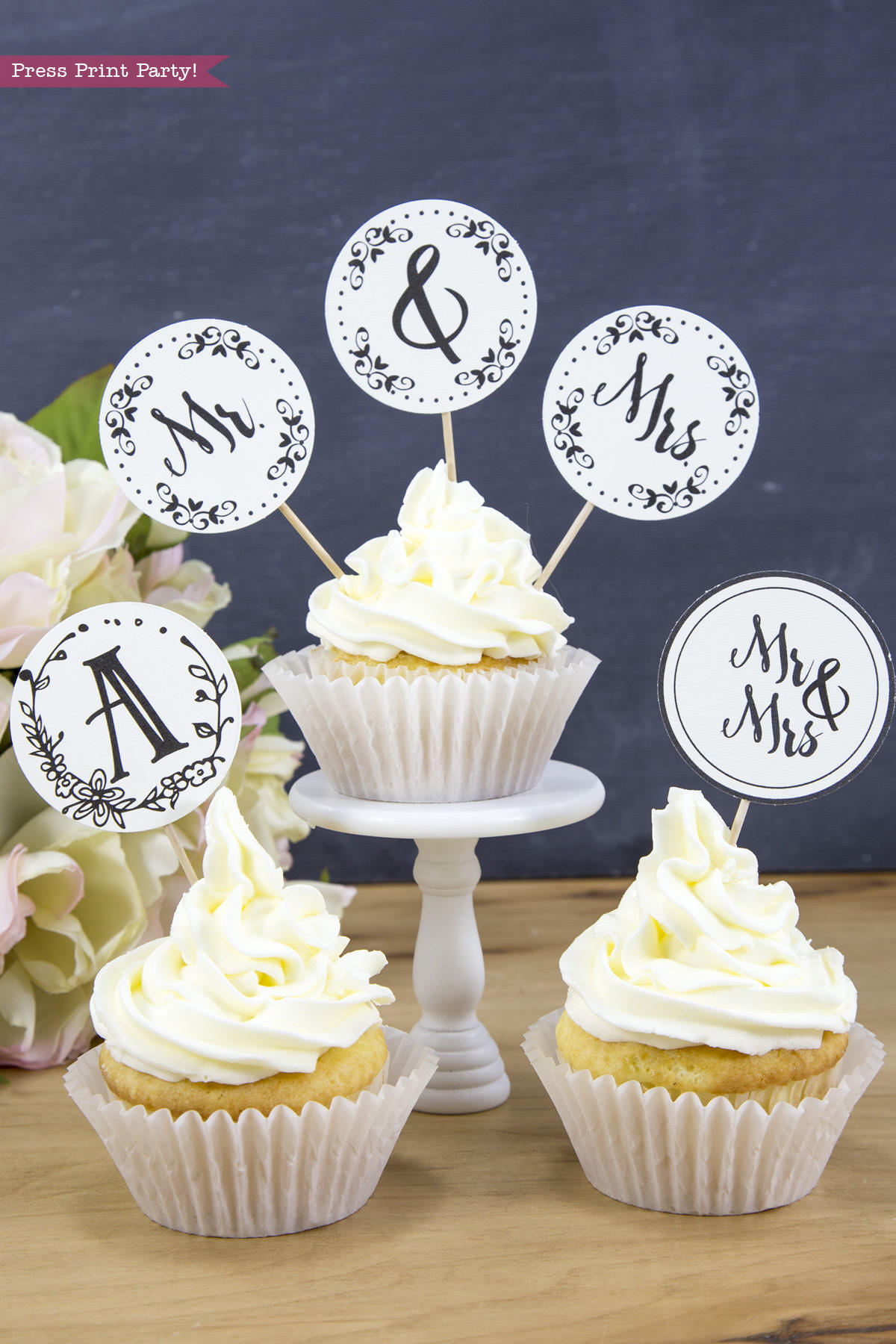 Mr and Mrs Sign Cupcake Toppers Printable Wedding Sign Mr Mrs Wedding Cake Topper Boho Wedding Rustic Black INSTANT DOWNLOAD