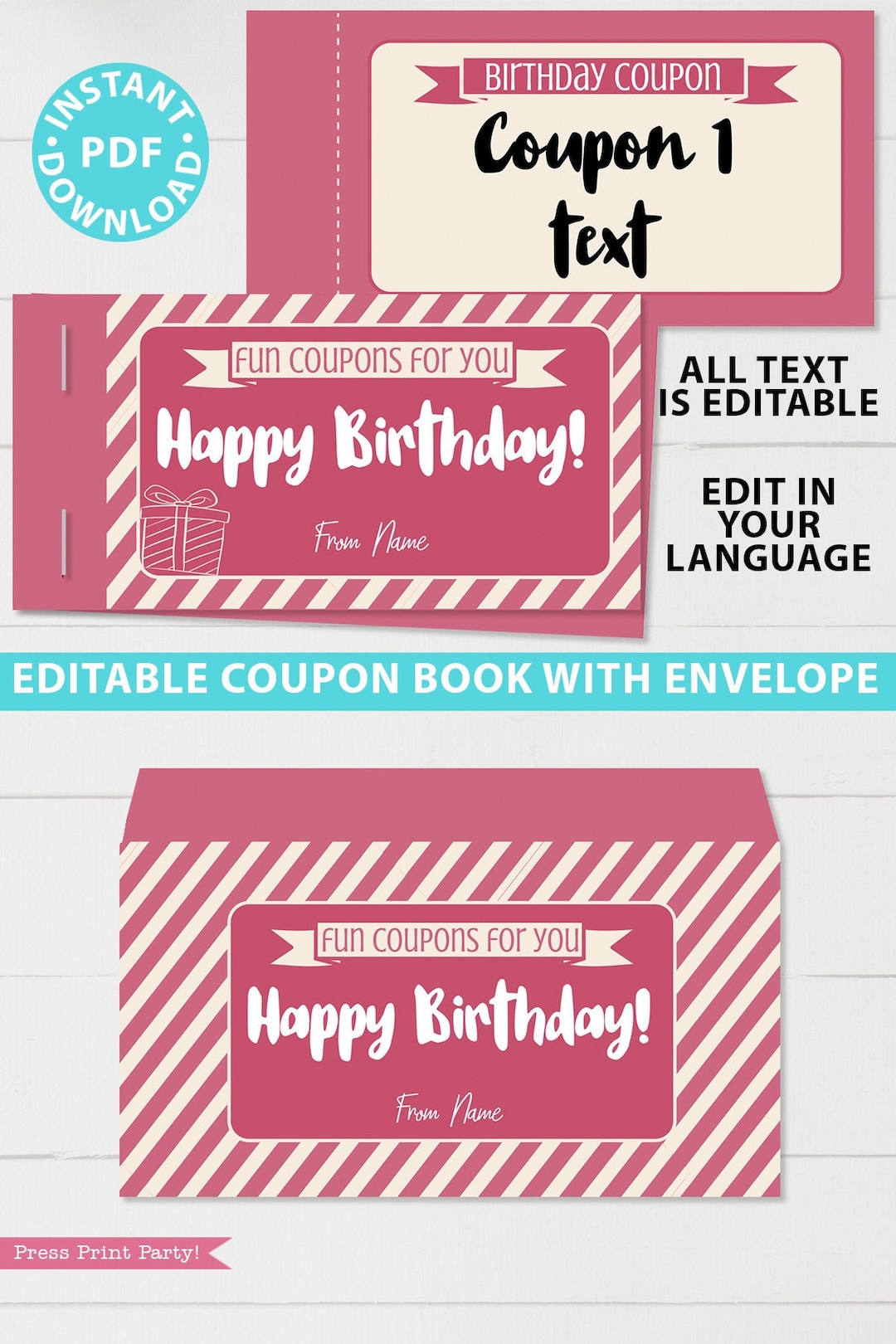 Birthday Coupon Book Template Printable, Birthday Gift Idea, Pink Blank ...