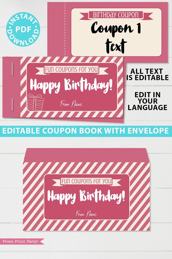 Birthday Coupon Book Template Printable Birthday Gift Idea Pink Blank Editable Last Minute Gift for Her W Envelope INSTANT DOWNLOAD Etsy