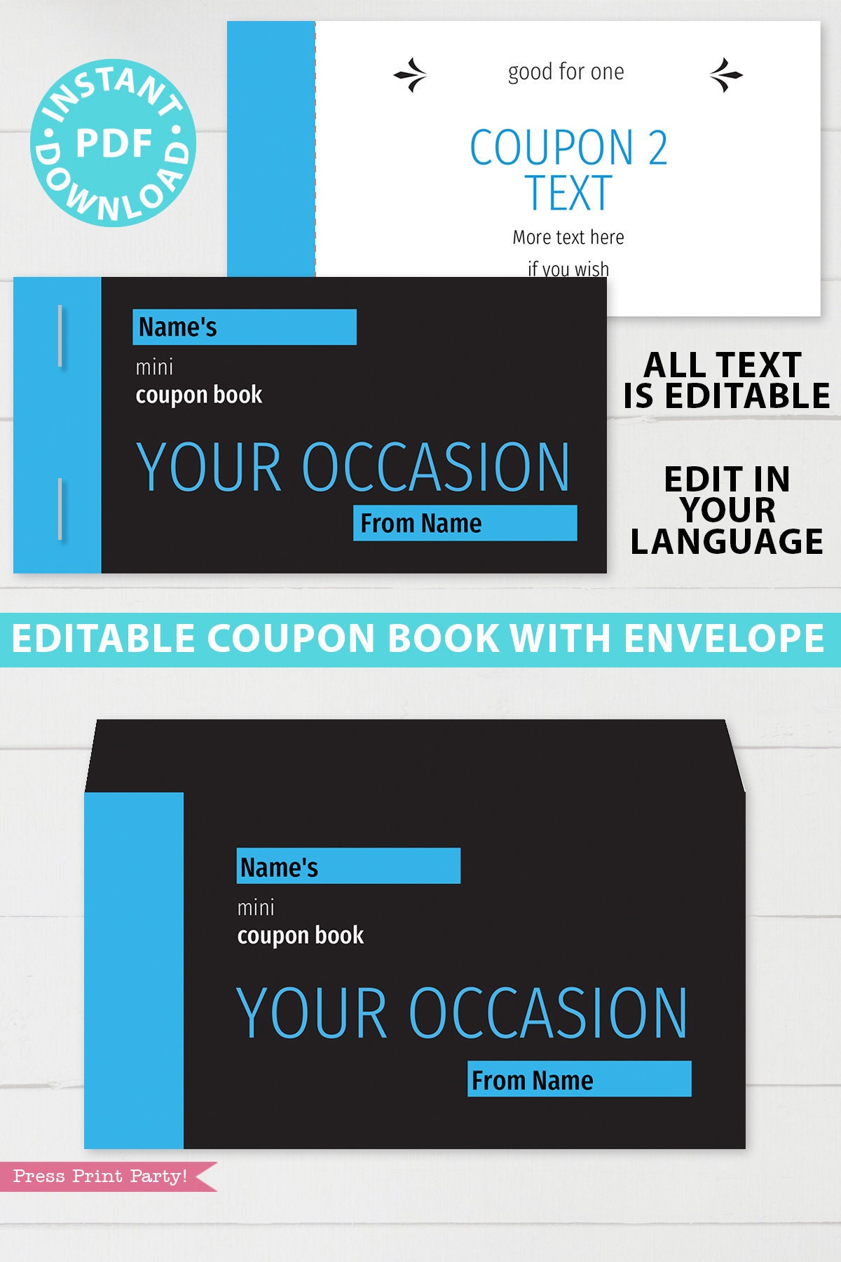 Printable Coupon Book Template Blue, Any Occasion Gift Idea, Editable ...