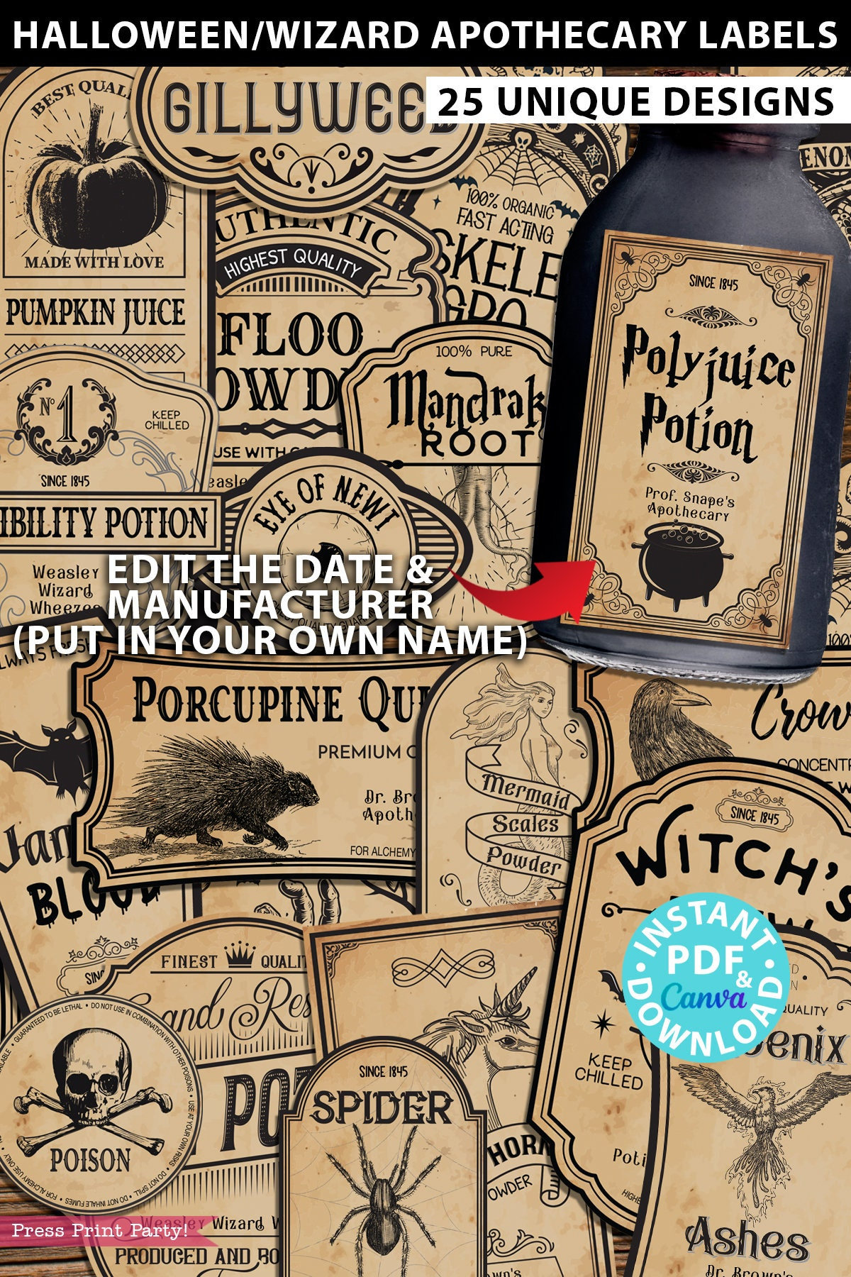 Wizard Potion Labels Printables, HP Polyjuice Potion Label, Editable, Halloween Decor, Wizard Party, Apothecary Labels, INSTANT DOWNLOAD