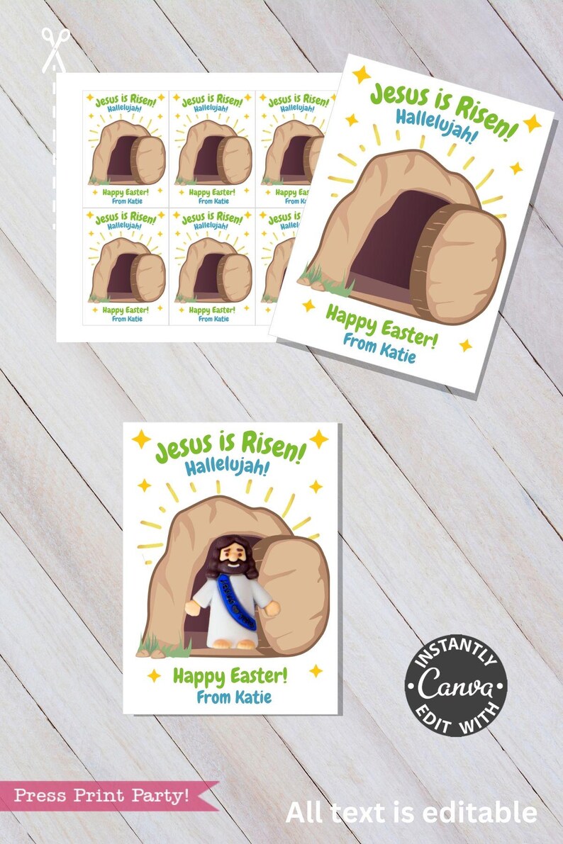 Pode incluir: Cart&otilde;es e autocolantes com o tema da P&aacute;scoa com o texto "Jesus ressuscitou! Aleluia!" e "Feliz P&aacute;scoa! De Katie." Os cart&otilde;es apresentam uma ilustra&ccedil;&atilde;o de Jesus e um t&uacute;mulo vazio.