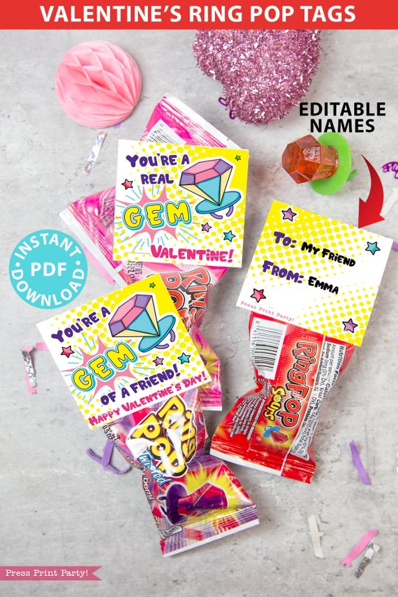 Ring Pop Valentine Cards Printable, Kids Valentines Cards, You're a Gem of a Friend, 2 designs, Classroom Valentines Tags, INSTANT DOWNLOAD Il_570xn