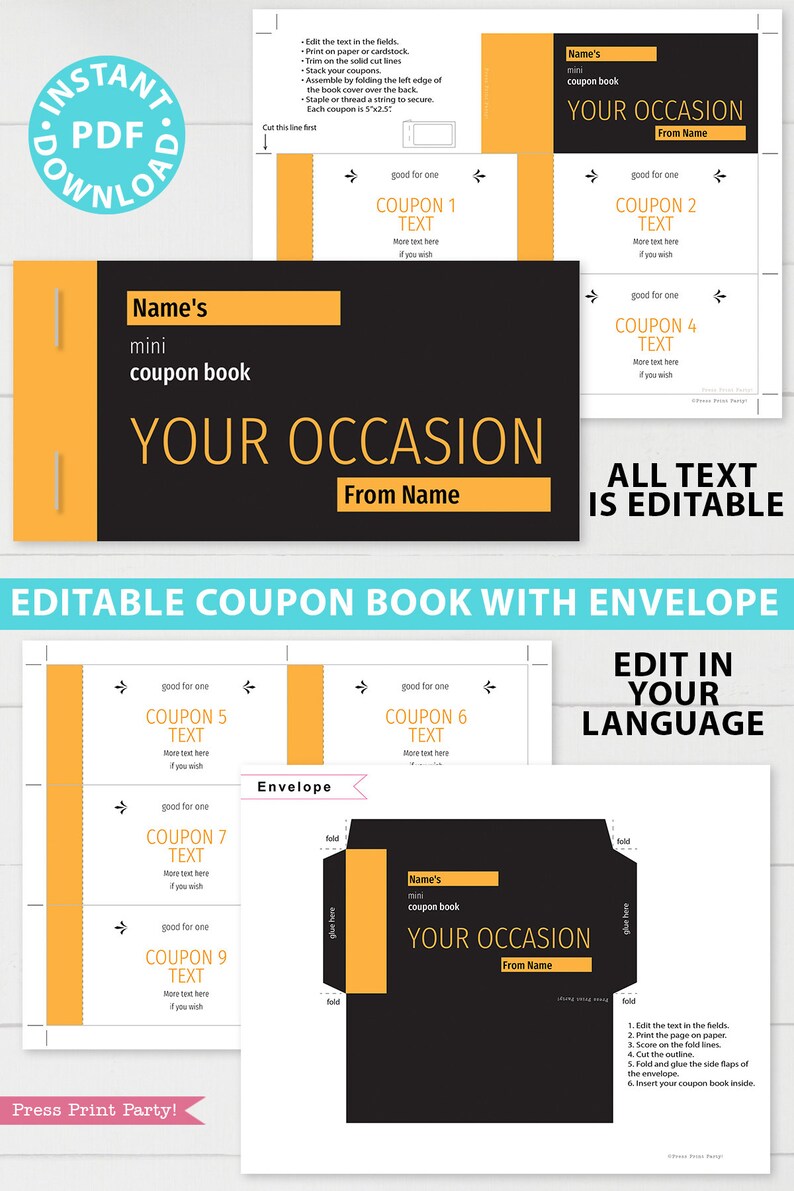 Printable Coupon Book Template Orange Any Occasion Gift Idea - Etsy