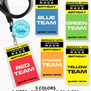 May include: Five printable Amazing Race team badges in different colours: red, blue, green, orange, and yellow. Each badge features the text "Sophia's 10th Amazing Race Birthday" and the team colour. The text "guest name" is included on each badge. The badges are available in two sizes: 5 cm by 9 cm and 6.5 cm by 9.5 cm.