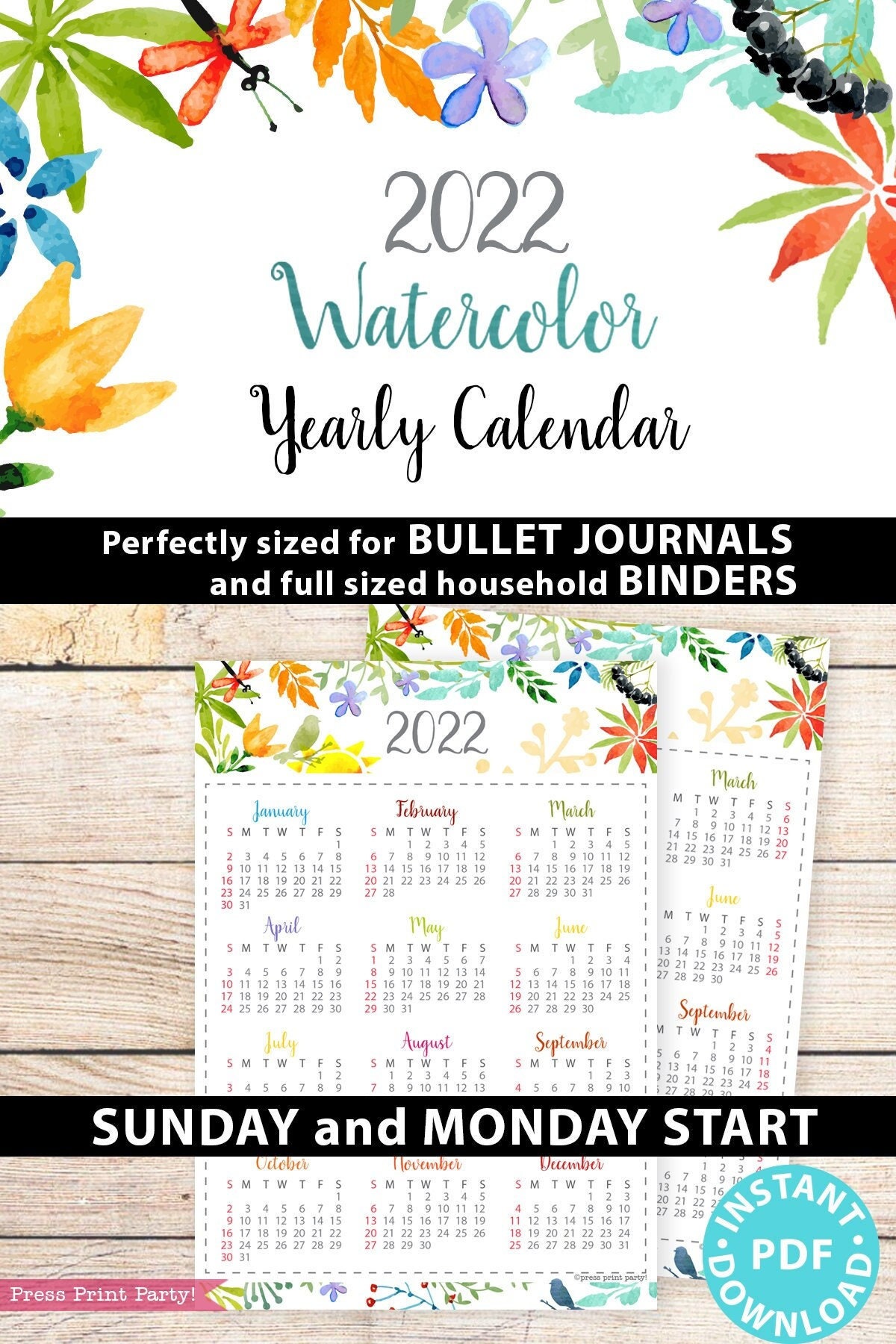 2022 yearly calendar template printable watercolor designs etsy denmark