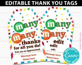 Thank You Gift Tag Printable Teacher Appreciation Week Nurse Assistant Staff Driver Many Many Thanks  Chocolate Candy Editable Favor