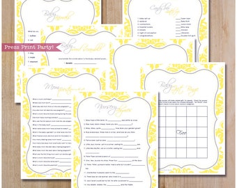 Baby Shower Games printable set, Gender Neutral Baby Shower Games, Yellow & Gray Damask, Baby Gift Bingo, Nursery Rhymes, INSTANT DOWNLOAD