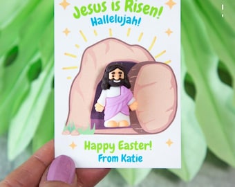 Jesus Is Risen Mini Figurine Tag Printable Card, Christian Easter Favor, Resurrection Sunday School Basket Toy, Editable Church Kids Gift