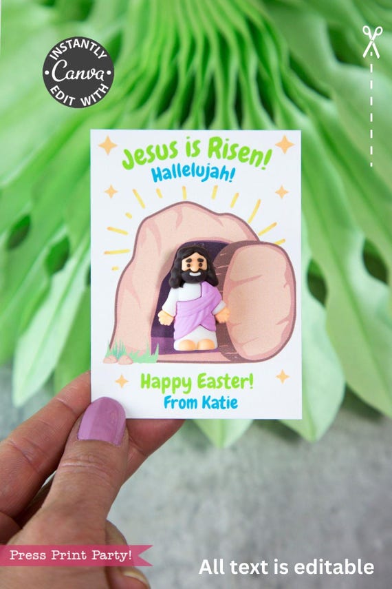 Jesus Is Risen Mini Figurine Tag Printable Card, Christian Easter Favor, Resurrection Sunday School Basket Toy, Editable Church Kids Gift