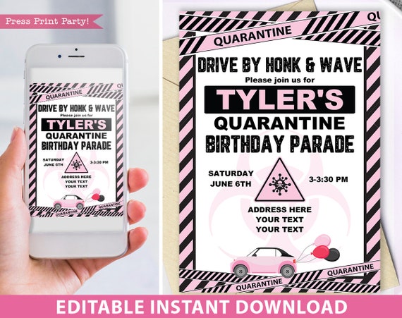 Download Quarantine Birthday Invitation Digital Drive By Birthday Parade Honk Wave Editable Template Social Distancing Pink Instant Download By Press Print Party Catch My Party