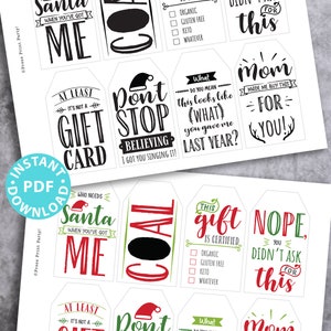 funny Christmas tags, holiday gift tags, 80 sayings black white and red and green color designs. Hilarious messages  Christmas gifts Gift for her, gift for him, gift for coworkers, gift for kids Gift wrapping white elephant Press Print Party!