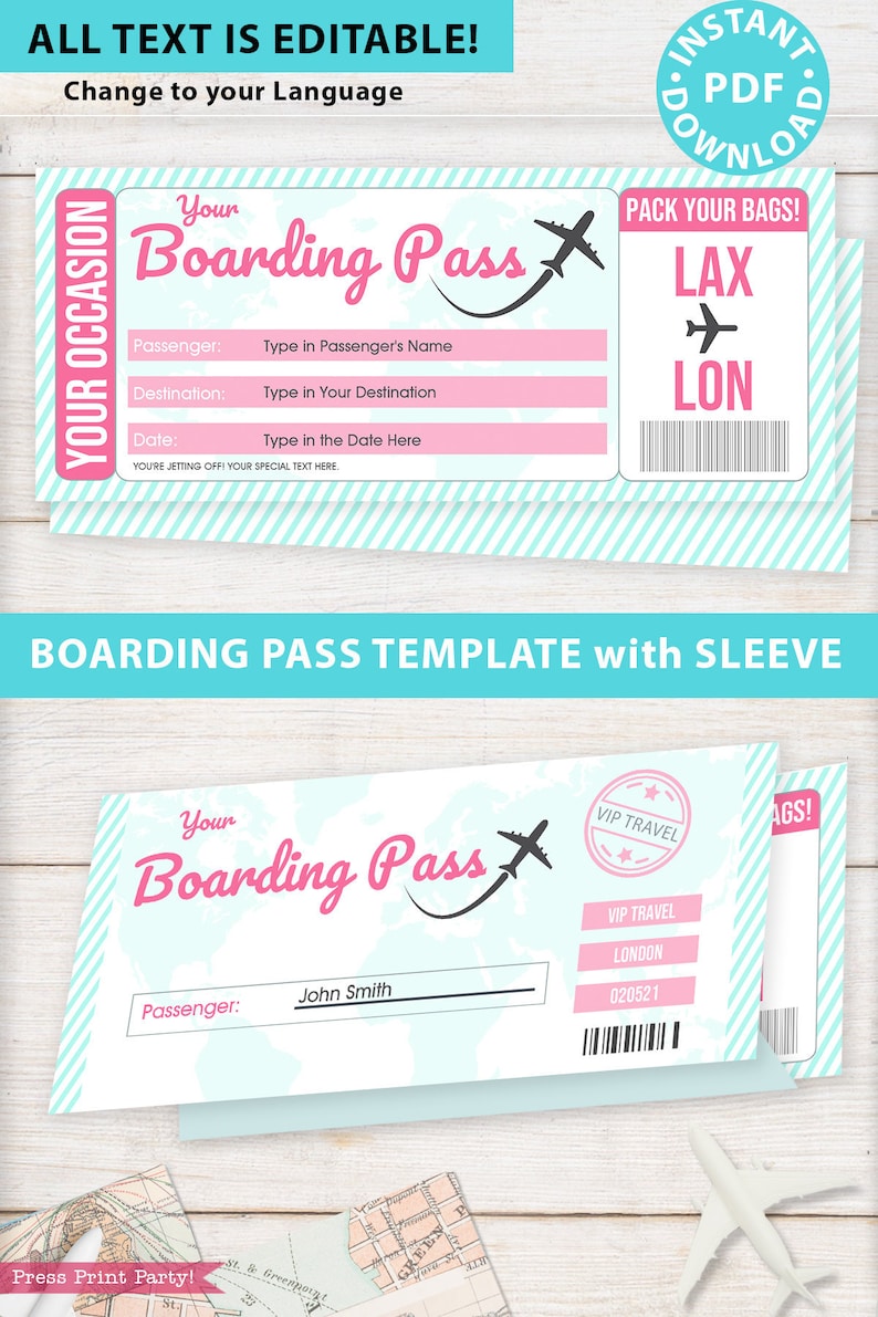 Boarding Pass Template W. Holder Editable Text Printable Etsy