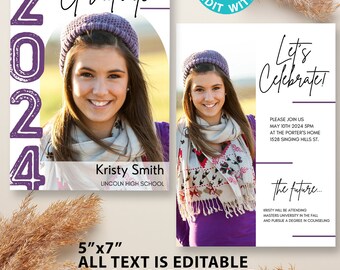 2024 Graduation Invitation High School Senior Grad Invite Custom Editable Printable College Graduation Card Girl Purple Party Announcement