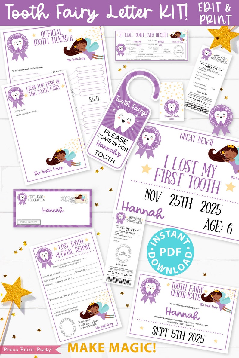 EDITABLE Tooth Fairy Letter Printable Kit & Receipts Purple w. Black Fairy, Certificate, Teeth Chart, Lost Tooth Envelope, INSTANT DOWNLOAD image 1