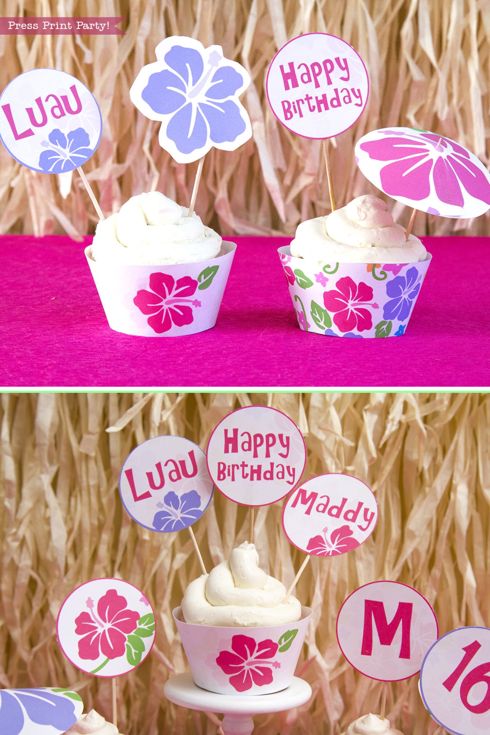 Luau Cupcake Toppers Printable Luau Cupcake Wrappers Etsy
