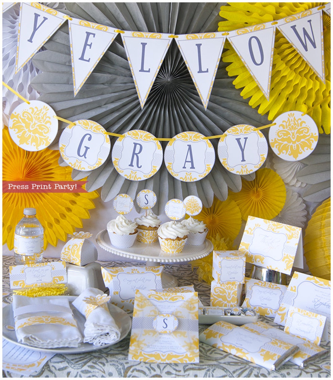 Yellow & Gray Baby Shower Decorations Printable Set, Gender Neutral ...