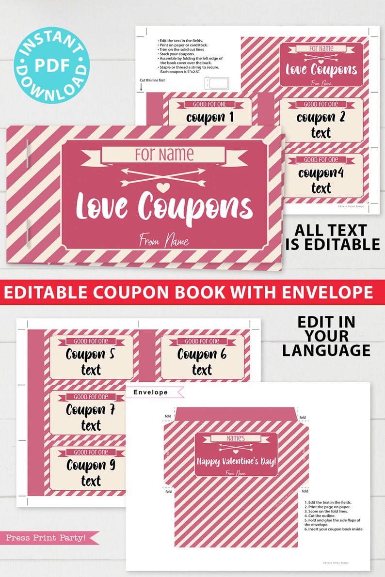 Valentines Coupons, Love Coupons Template for Valentine's Day Gift, Make Custom Coupon Book, Couple Coupons, Editable, INSTANT DOWNLOAD image 2