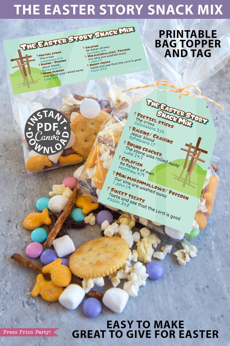 The Easter Story Snack Mix Printable Tag and Bag Topper, Easter Basket Filler for Kids, Easter Treats, Easter Gift, INSTANT DOWNLOAD image 1