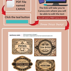 Fully editable apothecary labels for custom potion labels,vintage herb labels ingredient labels tincture labels, kitchen labels for containers, Halloween printable stickers witch. Harry Potter. Wizard party, Halloween party decor. Press Print Party!
