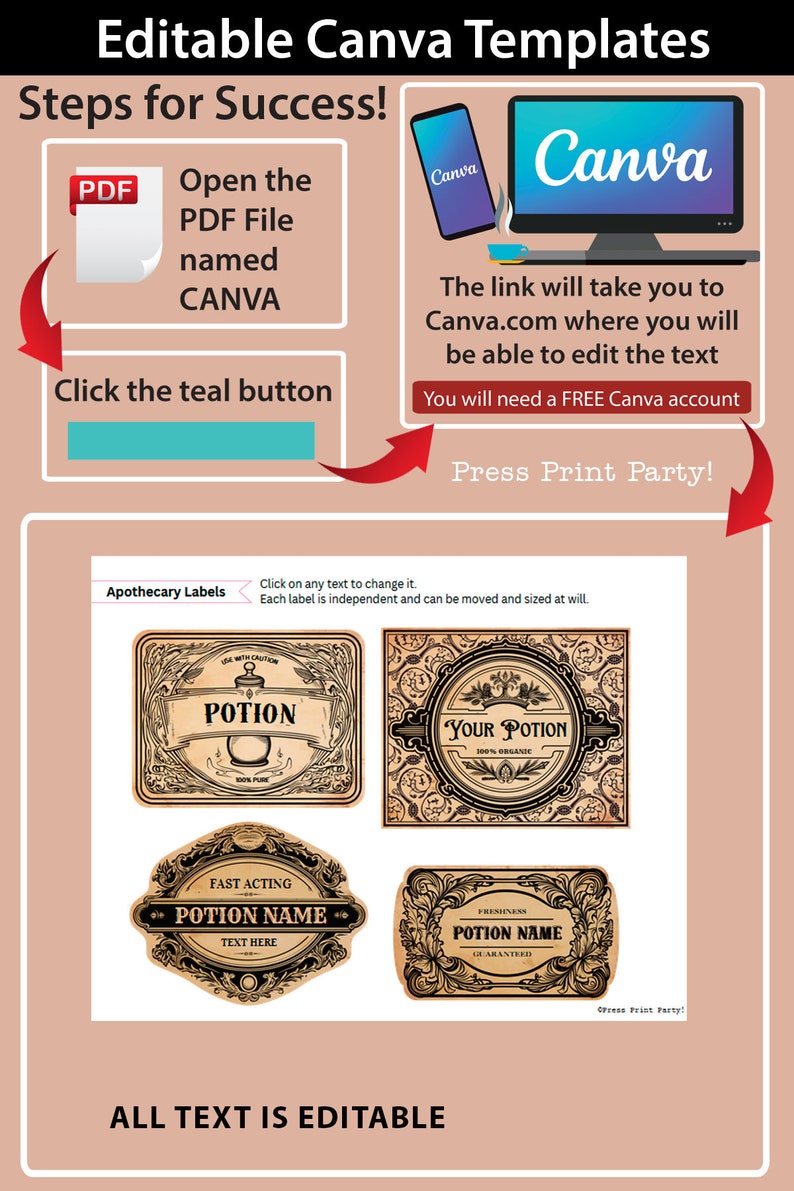 Fully editable apothecary labels for custom potion labels,vintage herb labels ingredient labels tincture labels, kitchen labels for containers, Halloween printable stickers witch. Harry Potter. Wizard party, Halloween party decor. Press Print Party!