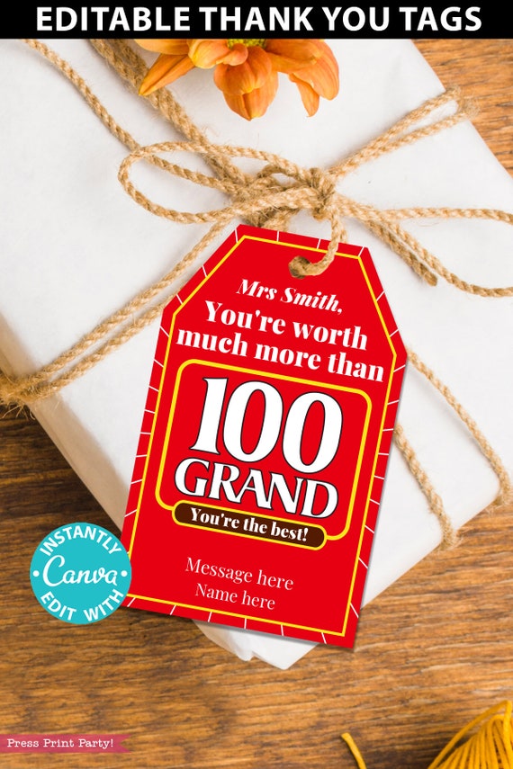 100 Grand Thank You Gift Tags Printable Teacher Appreciation - Etsy Hong  Kong