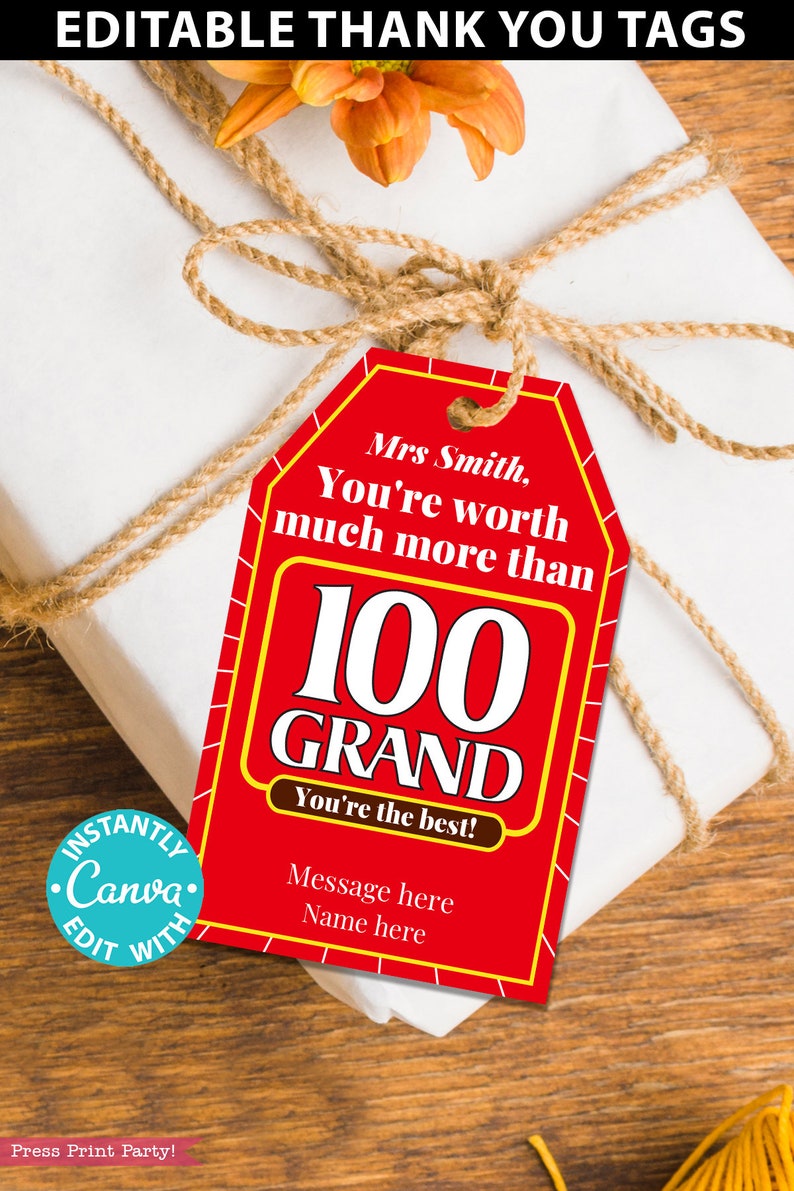 100 Grand Thank You Gift Tags Printable Teacher Appreciation Etsy Ireland