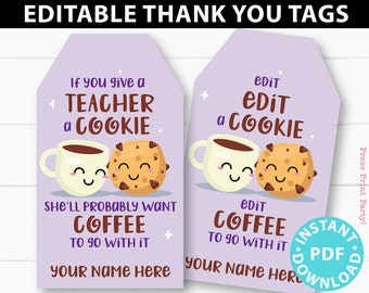 Teacher Appreciation Gift Printable Tag for Cookies, Coffee, Purple, Gifts for Teacher Appreciation Week, Thank you Edit, INSTANT DOWNLOAD