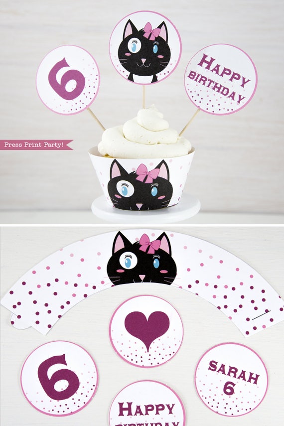 Cat Party Cupcake Toppers and Wrapper Printable, Cat Cupcake Wrapper, Cat Cupcake Toppers, Kitten birthday, Kitty Cat birthday, Girl Party Il_570xn