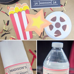 Op de afbeelding: Een set printbare film-thema feestdecoraties, waaronder een popcornbak, een ster, een filmrol en een klapbord met de tekst "It's Movie Time 14 Madisson 14".