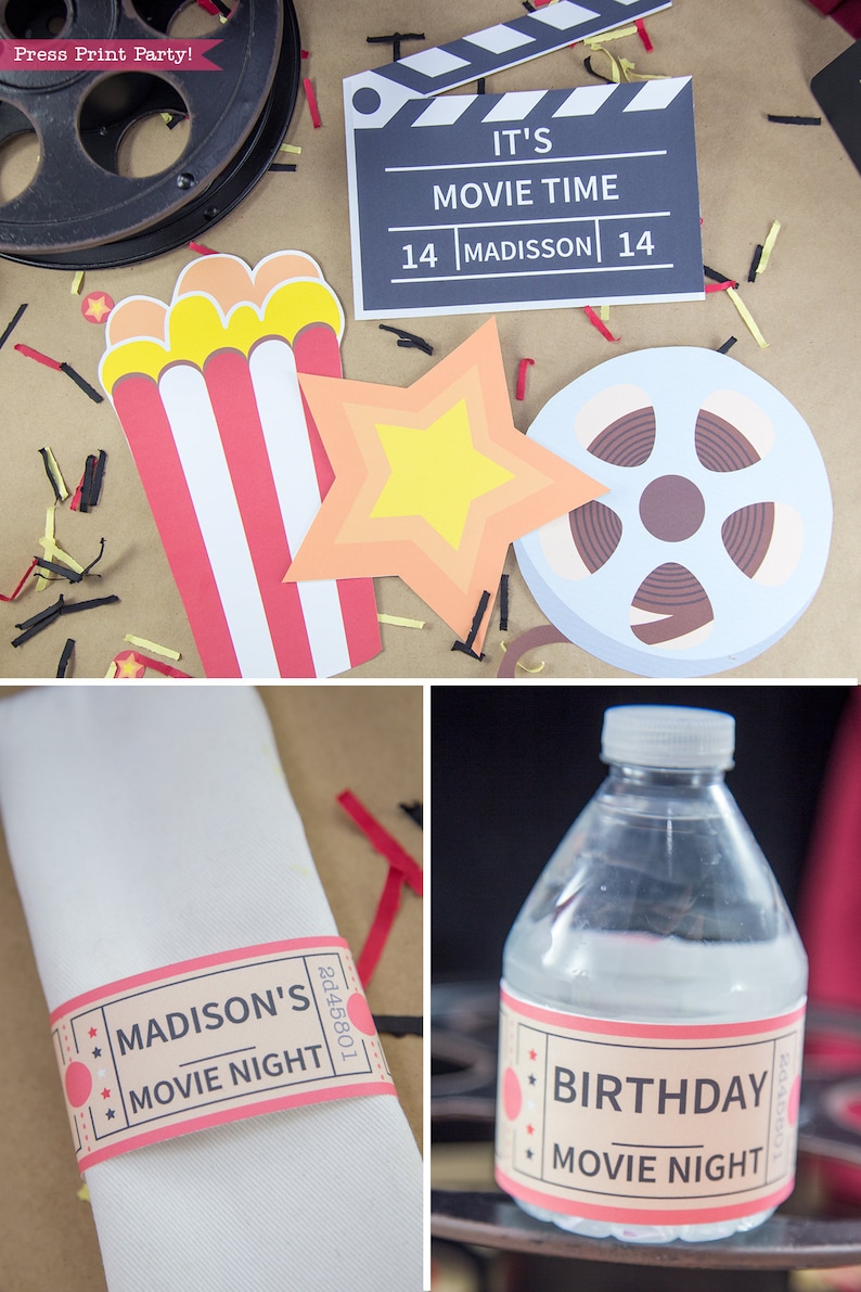 Op de afbeelding: Een set printbare film-thema feestdecoraties, waaronder een popcornbak, een ster, een filmrol en een klapbord met de tekst "It's Movie Time 14 Madisson 14".